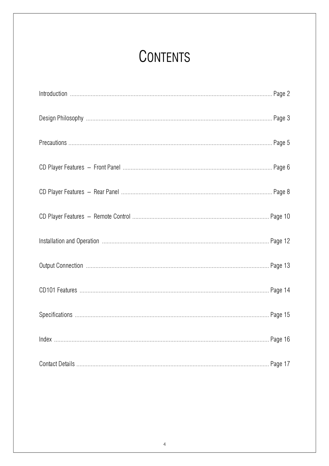 Plinius Audio CD101 manual Contents 