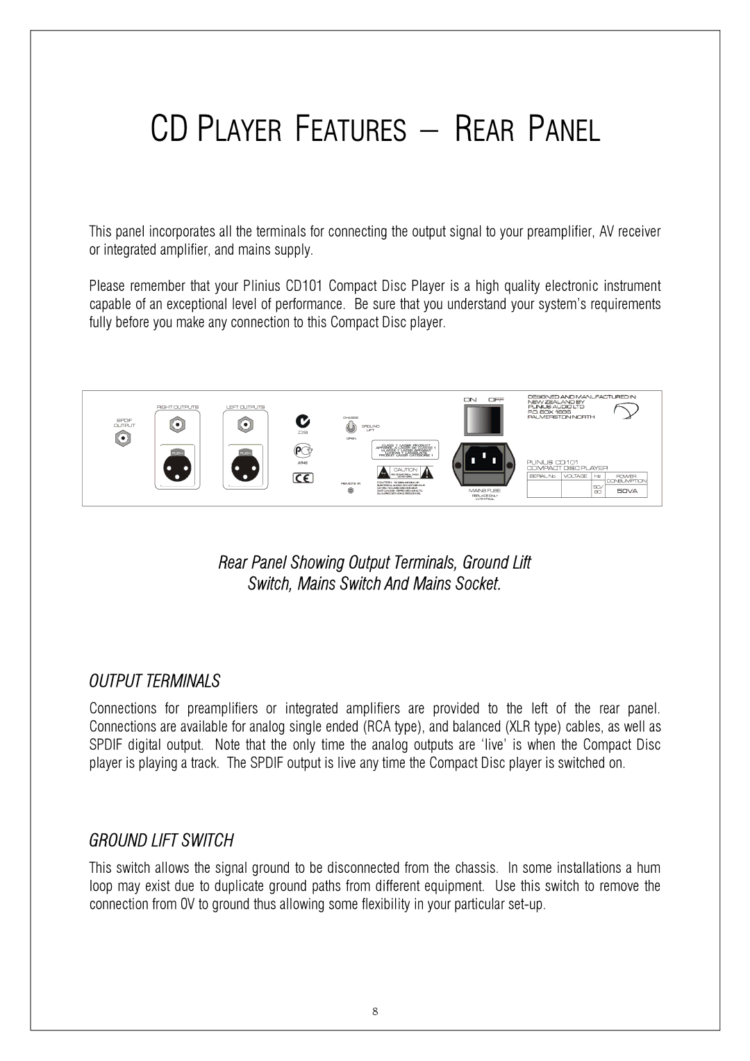 Plinius Audio CD101 manual CD Player Features Rear Panel, Output Terminals, Ground Lift Switch 