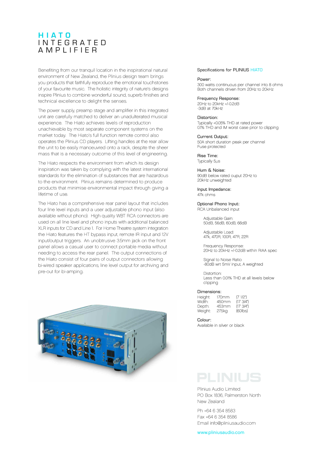 Plinius Audio manual Specifications for Plinius Hiato 