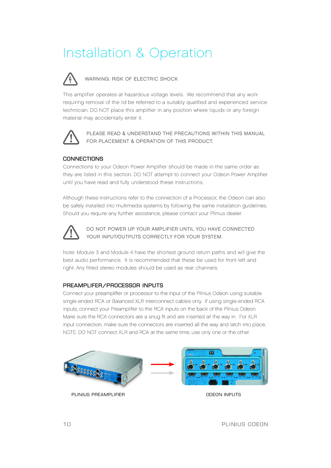 Plinius Audio Odeon Power Amplifier manual Installation & O p e ra t i o n, Connections, PREAMPLIFER/PROCESSOR Inputs 