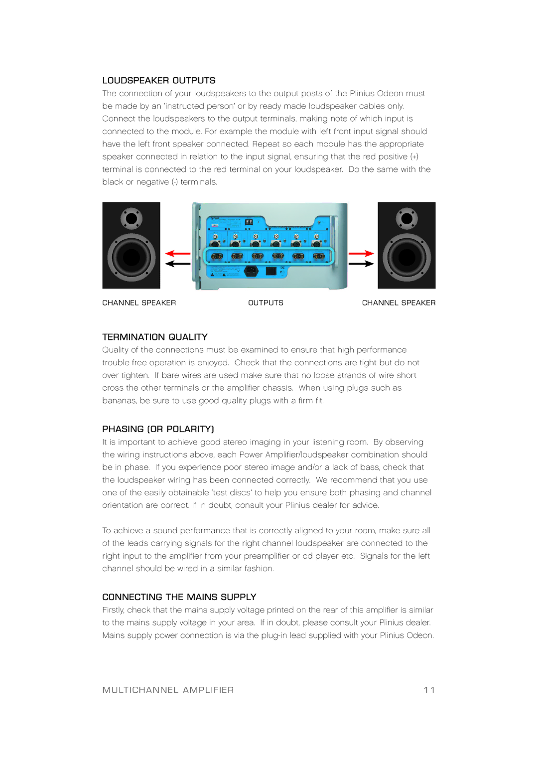 Plinius Audio Odeon Power Amplifier manual Loudspeaker Outputs, Termination Quality, Phasing or Polarity 