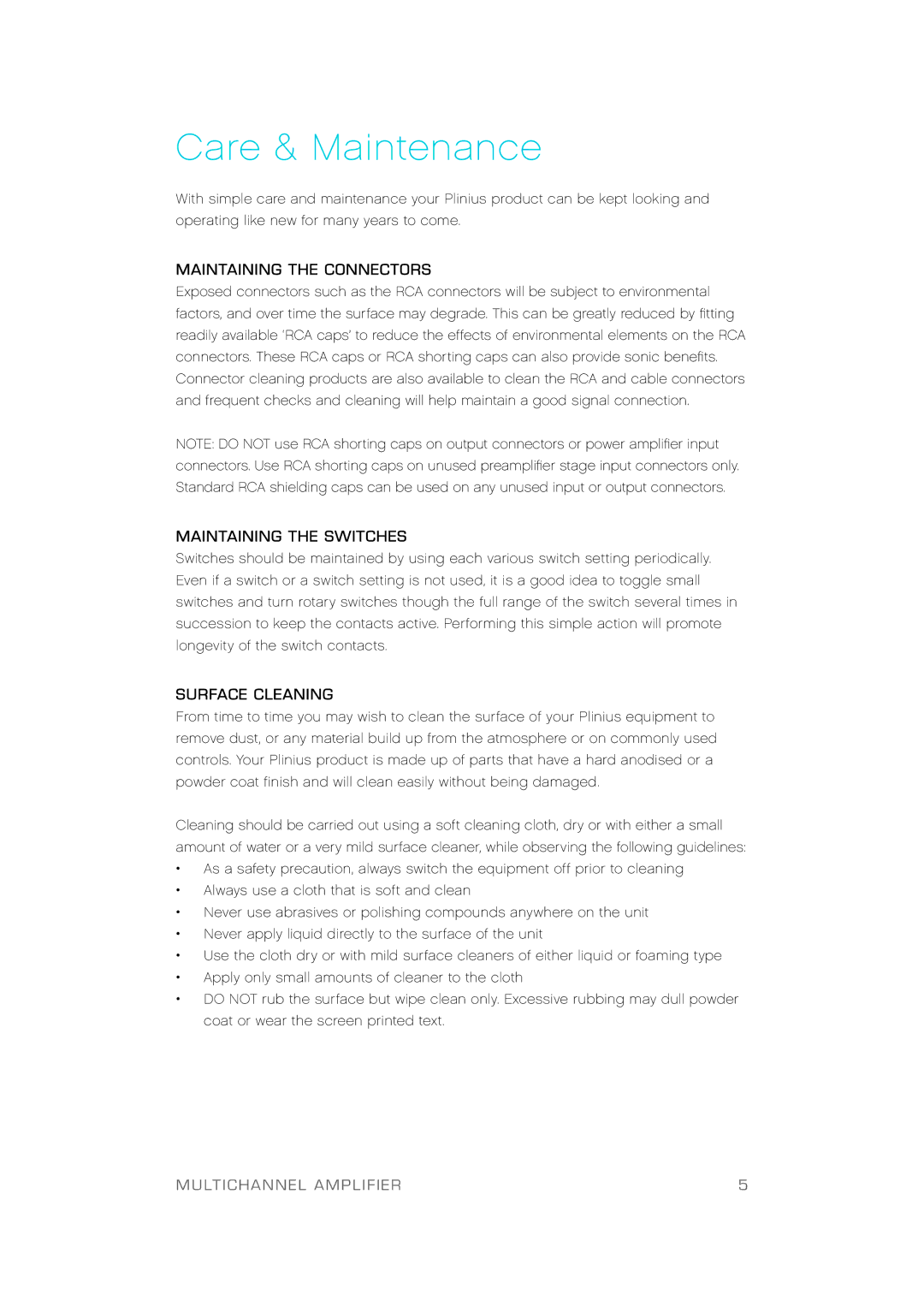 Plinius Audio Odeon Power Amplifier manual Re & M a i n te n a n c e, Maintaining the Connectors, Maintaining the Switches 