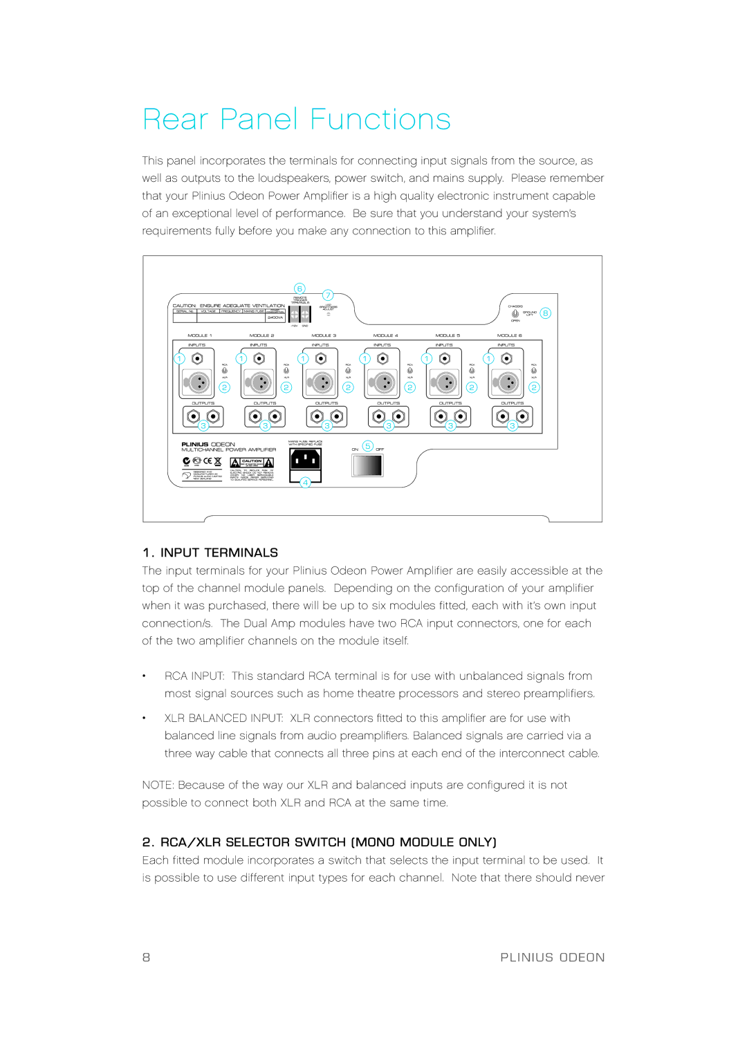 Plinius Audio Odeon Power Amplifier manual A r Pa n e l Fu n c t i o n s, Input Terminals 