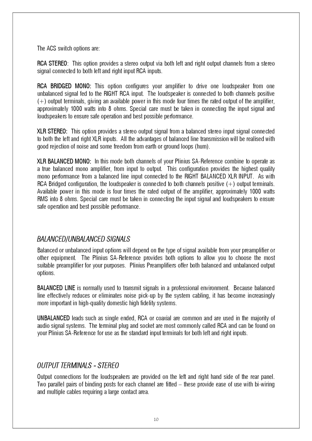 Plinius Audio P10 manual BALANCED/UNBALANCED Signals, Output Terminals Stereo 