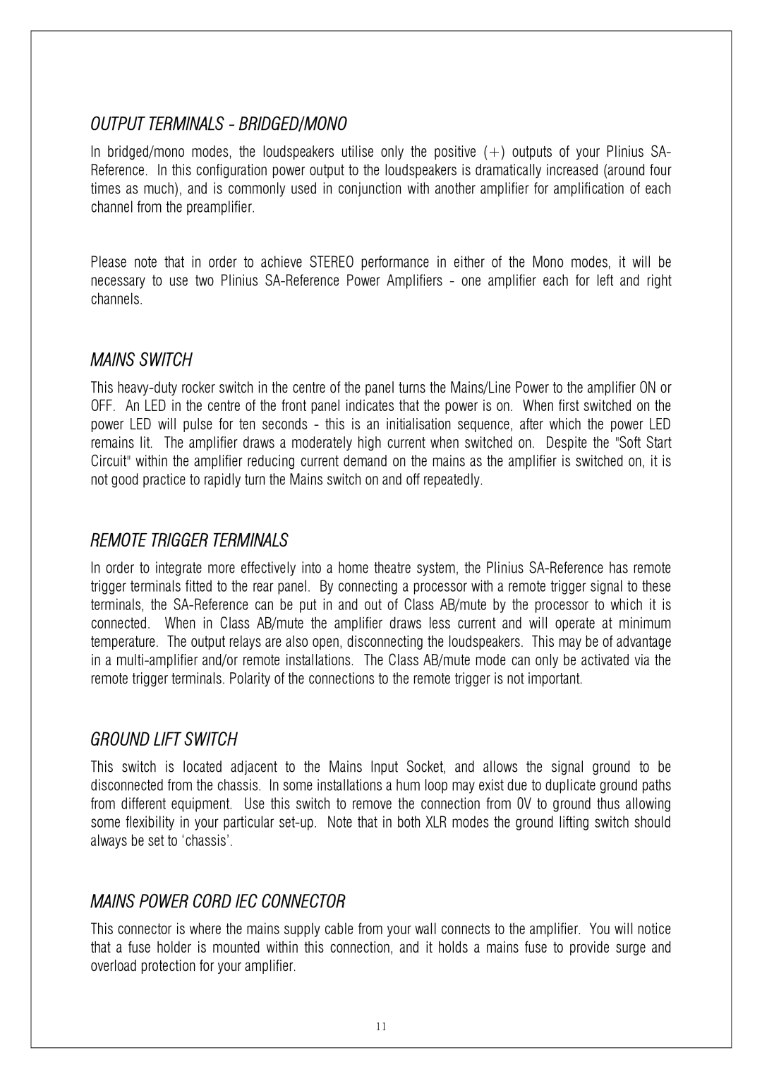 Plinius Audio P10 manual Output Terminals BRIDGED/MONO, Mains Switch, Remote Trigger Terminals, Ground Lift Switch 