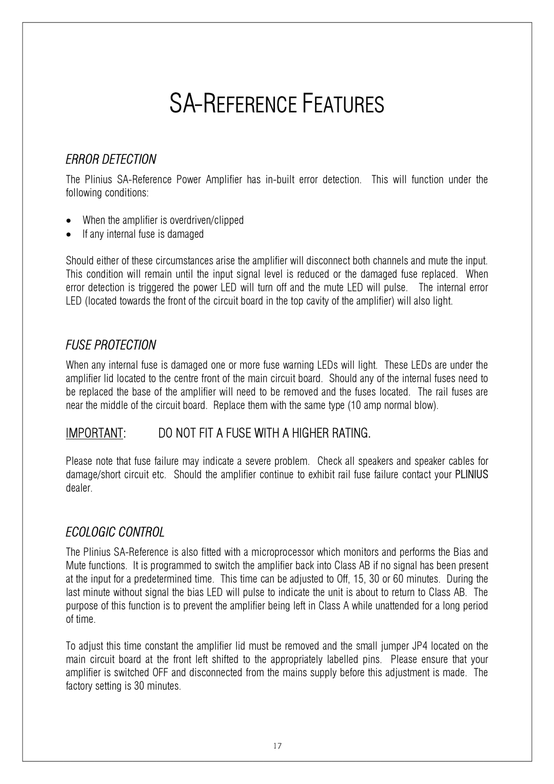 Plinius Audio P10 manual SA-REFERENCE Features, Error Detection, Fuse Protection, Ecologic Control 