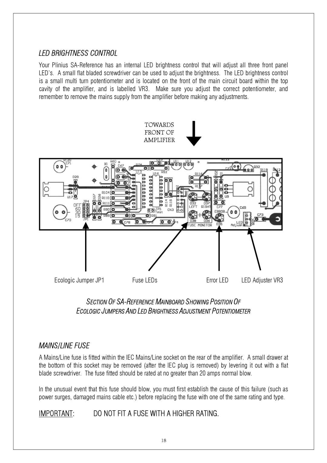 Plinius Audio P10 manual LED Brightness Control, MAINS/LINE Fuse 