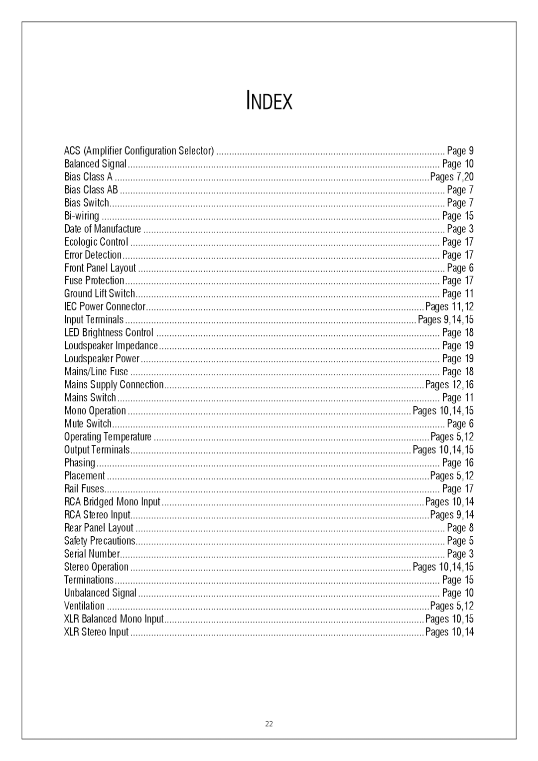 Plinius Audio P10 manual Index, Pages 7,20 