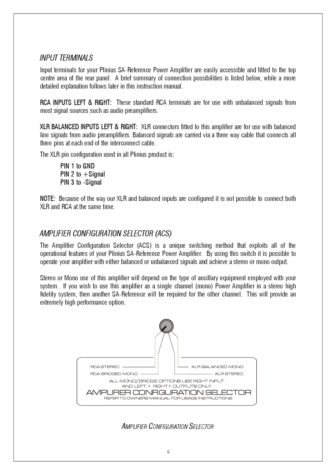 Plinius Audio P10 manual Input Terminals, Amplifier Configuration Selector ACS 