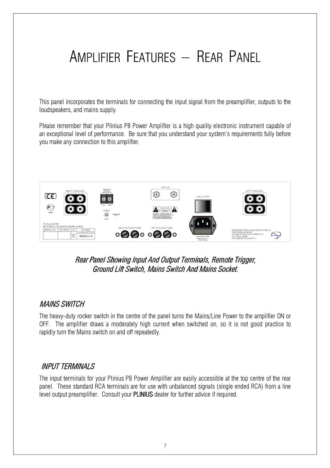 Plinius Audio P8 manual Mains Switch, Input Terminals 