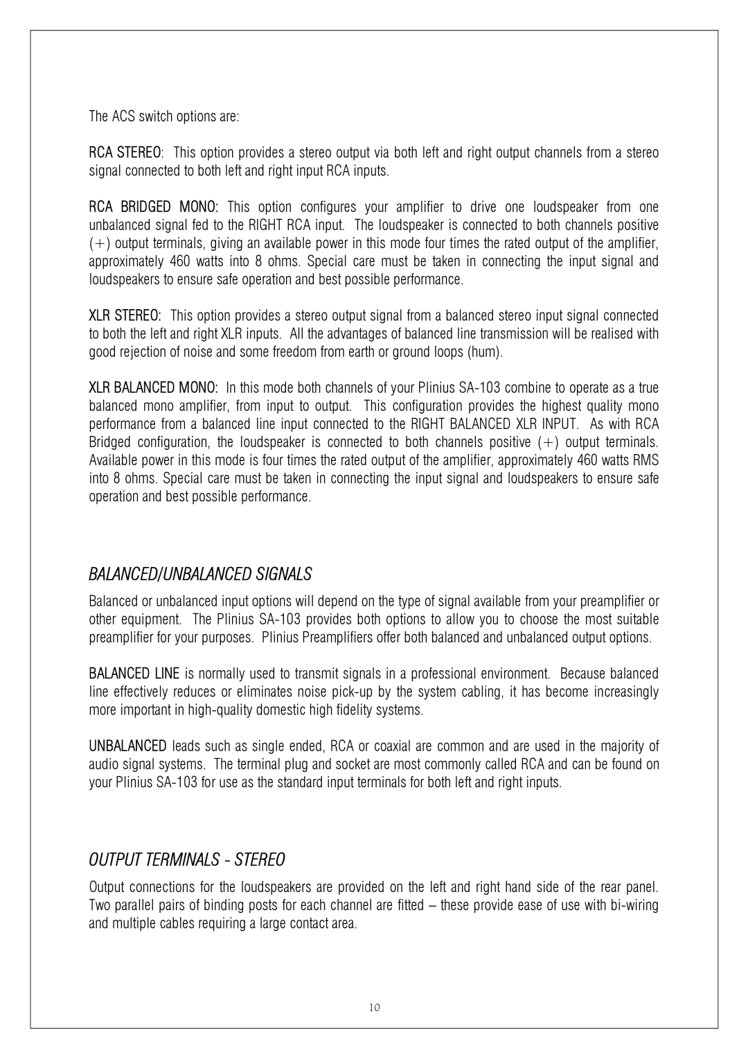 Plinius Audio SA-103 manual BALANCED/UNBALANCED Signals, Output Terminals Stereo 