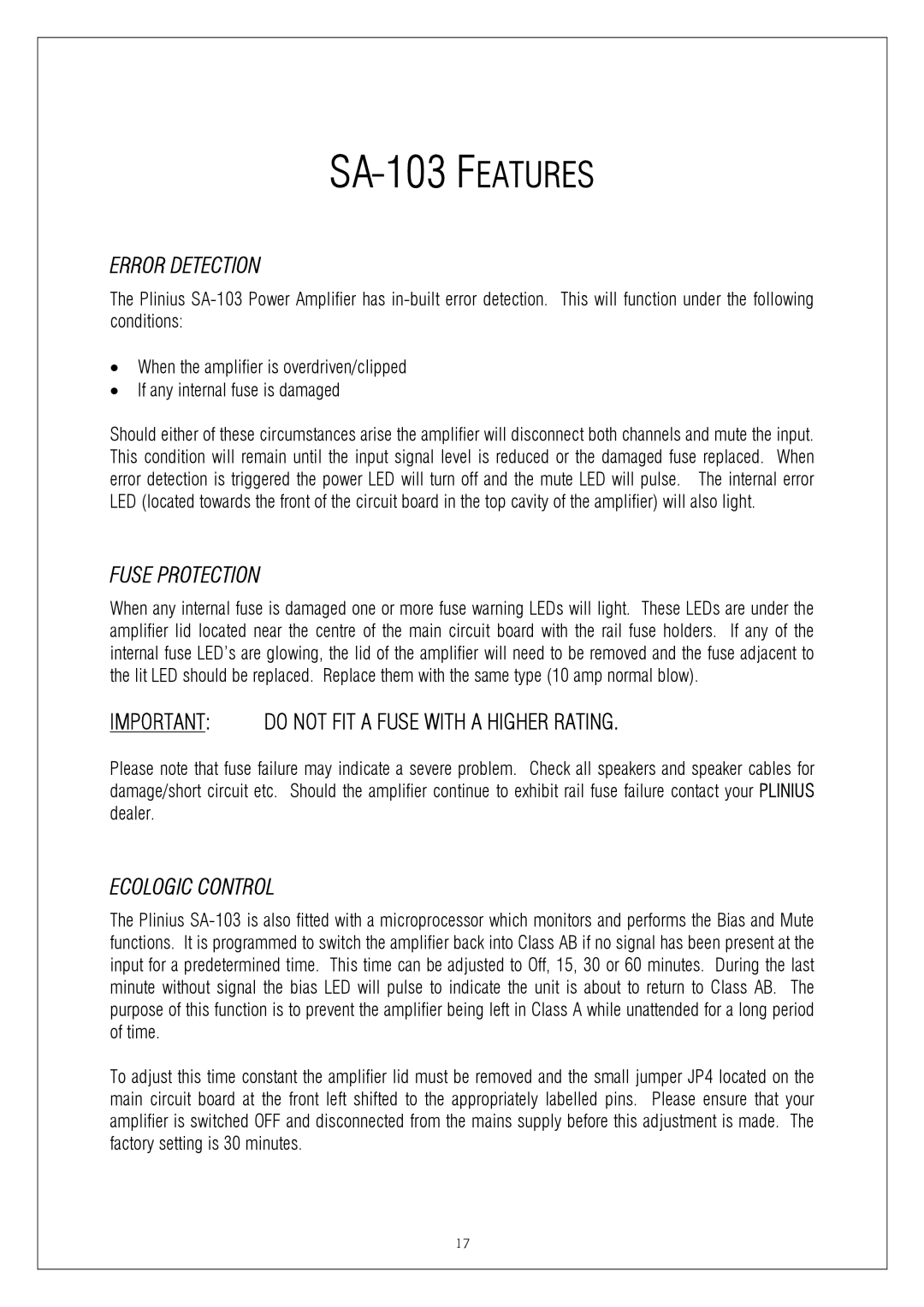 Plinius Audio SA-103 manual Error Detection, Fuse Protection, Ecologic Control 