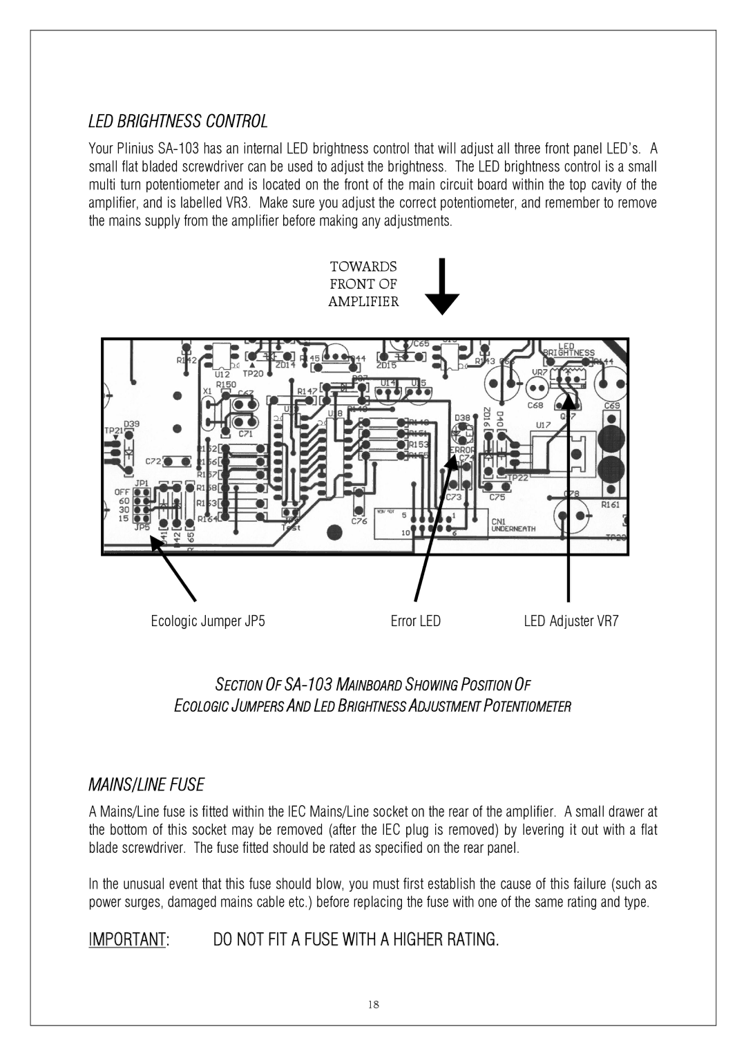 Plinius Audio SA-103 manual LED Brightness Control, MAINS/LINE Fuse 