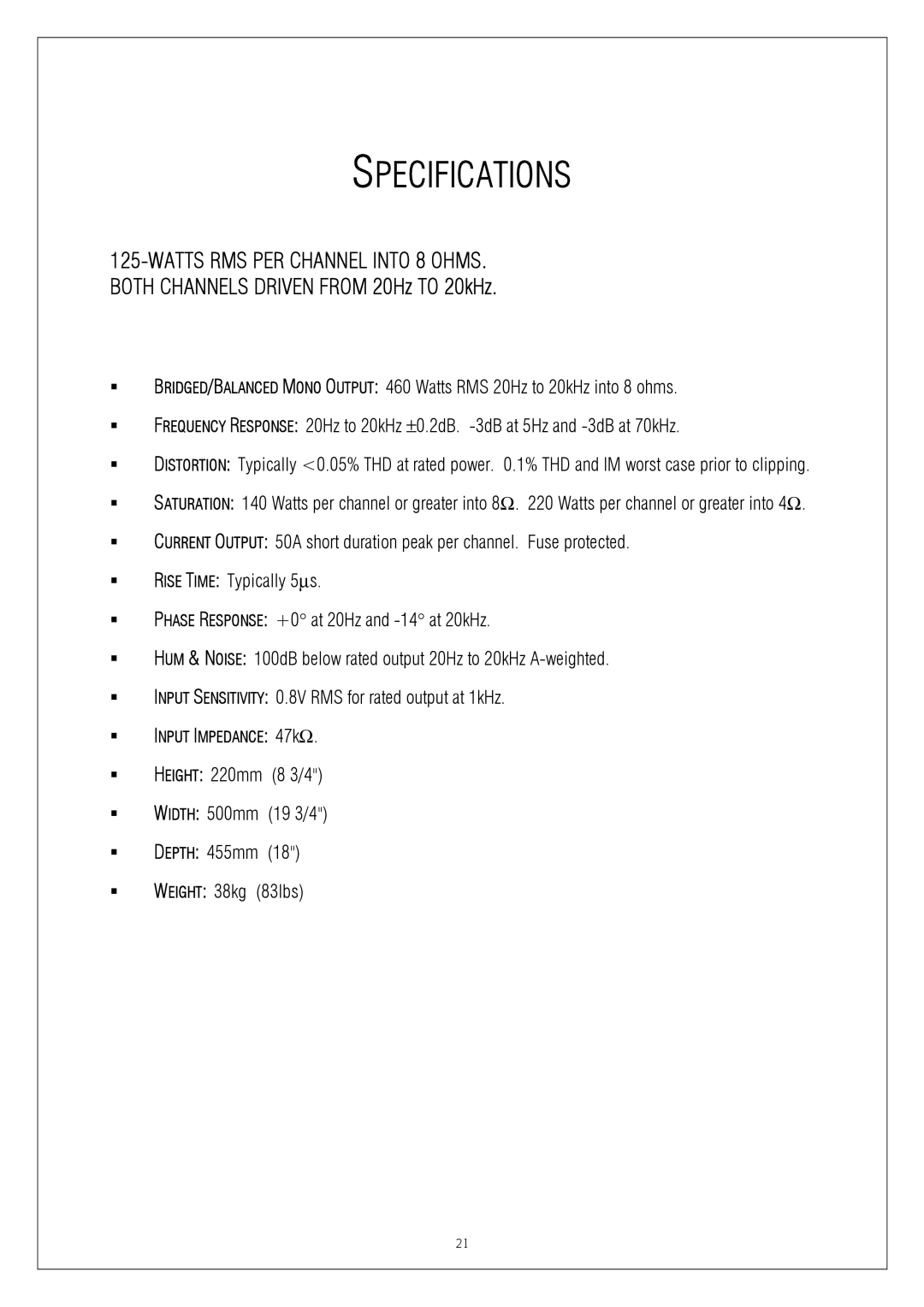 Plinius Audio SA-103 manual Specifications 