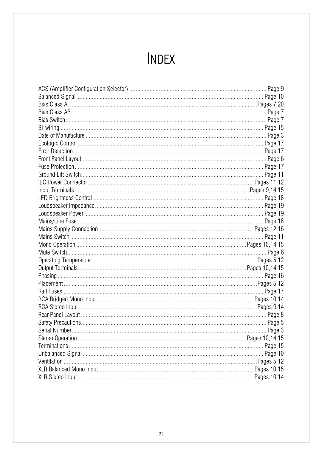 Plinius Audio SA-103 manual Index, Pages 7,20 