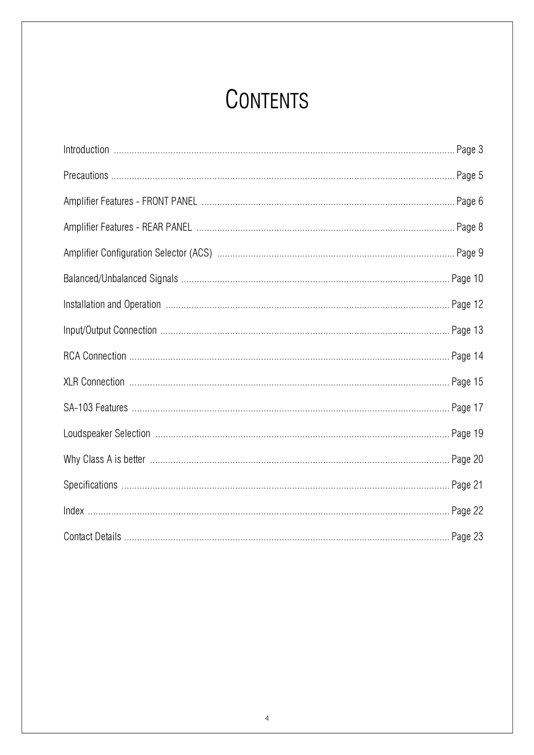 Plinius Audio SA-103 manual Contents 