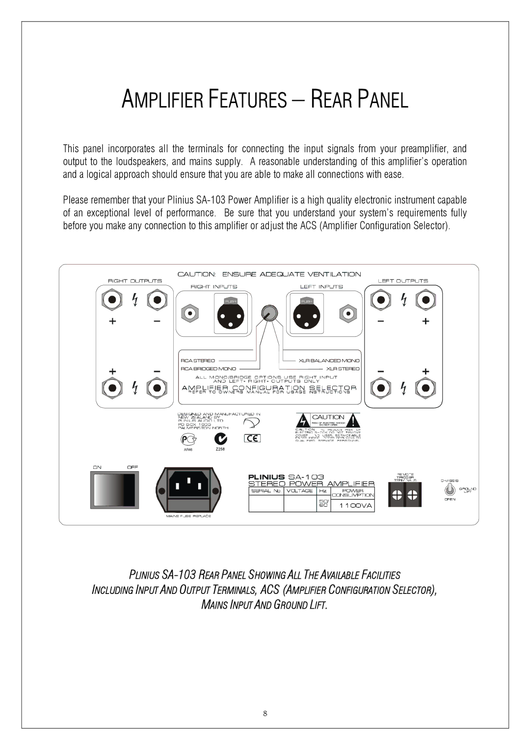 Plinius Audio SA-103 manual Amplifier Features Rear Panel 