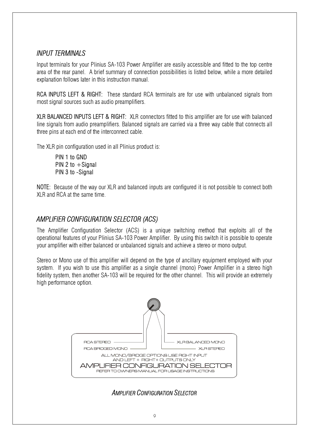 Plinius Audio SA-103 manual Input Terminals, Amplifier Configuration Selector ACS 