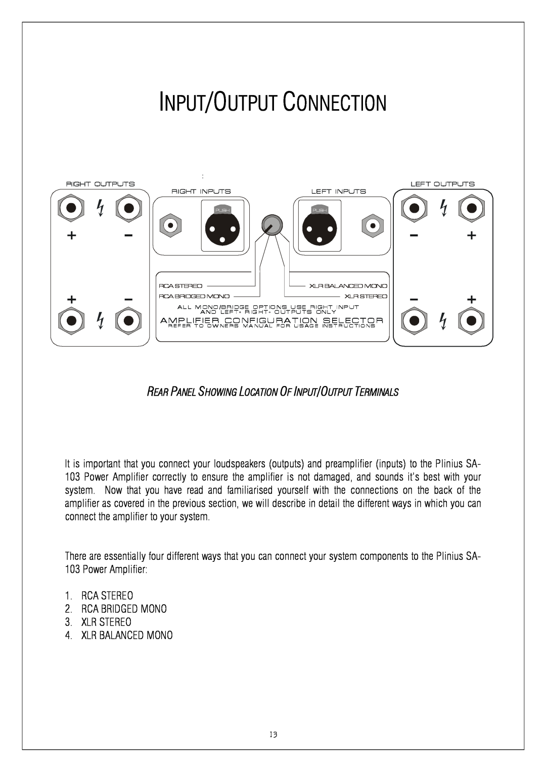 Plinius Audio SA-103 manual Input/Output Connection, Power Amplifier 1.RCA STEREO, RCA BRIDGED MONO 3.XLR STEREO 