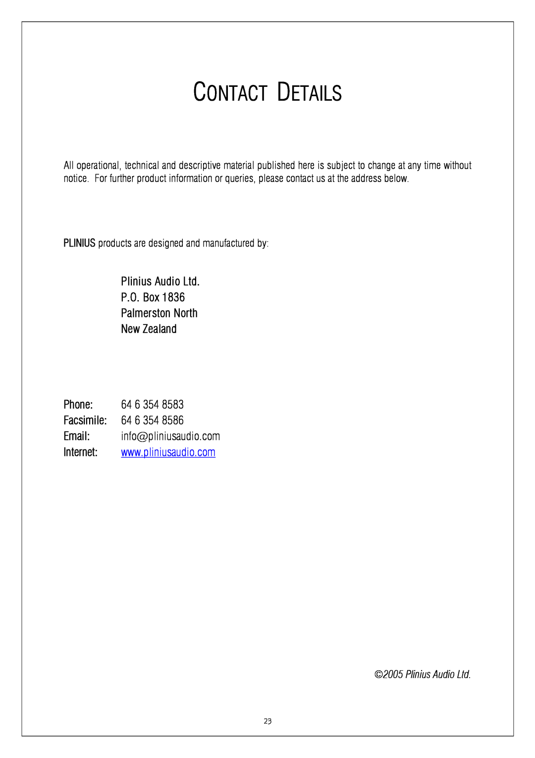 Plinius Audio SA-103 manual Contact Details, New Zealand, Phone 64 6 354 Facsimile 