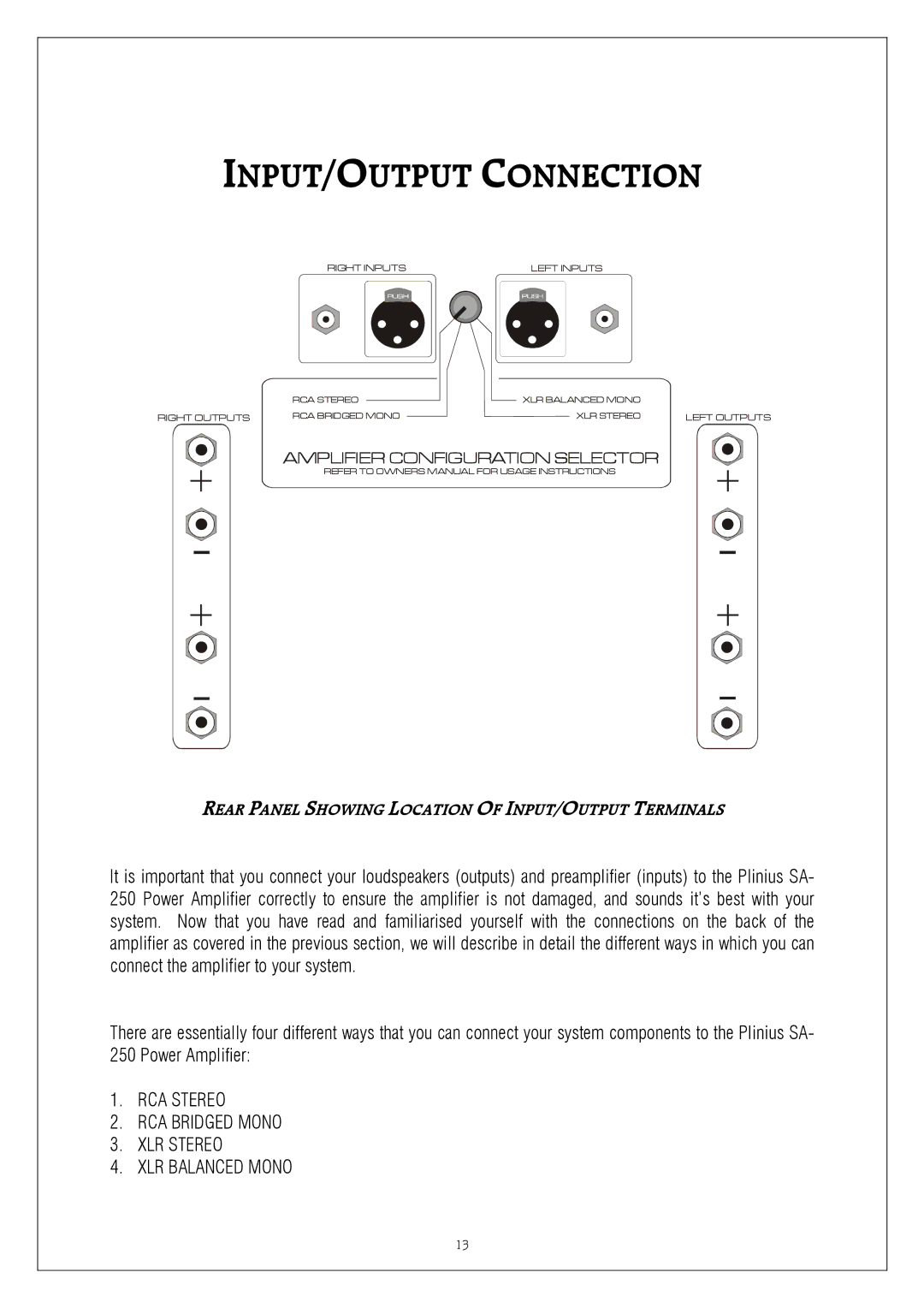 Plinius Audio SA-250 manual RCA Stereo RCA Bridged Mono XLR Stereo XLR Balanced Mono 
