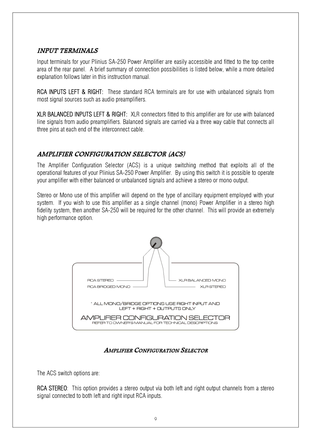 Plinius Audio SA-250 manual Input Terminals, Amplifier Configuration Selector ACS 