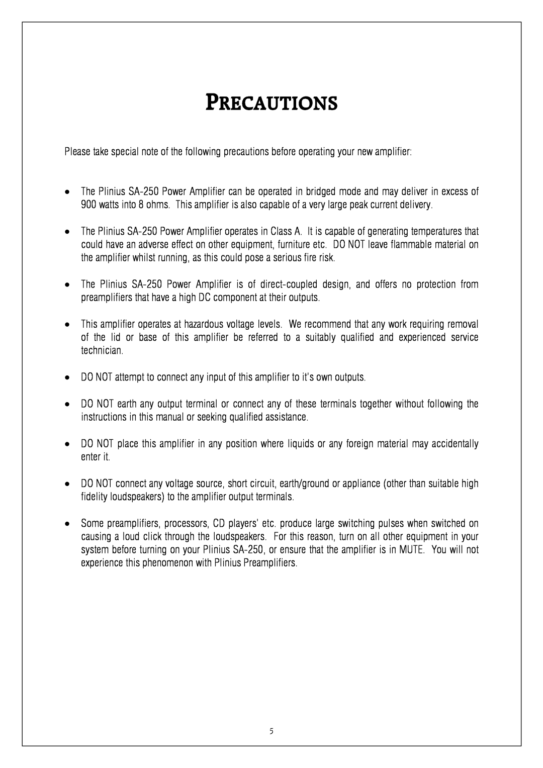 Plinius Audio SA-250 manual Please take special note of the following precautions before operating your new amplifier 