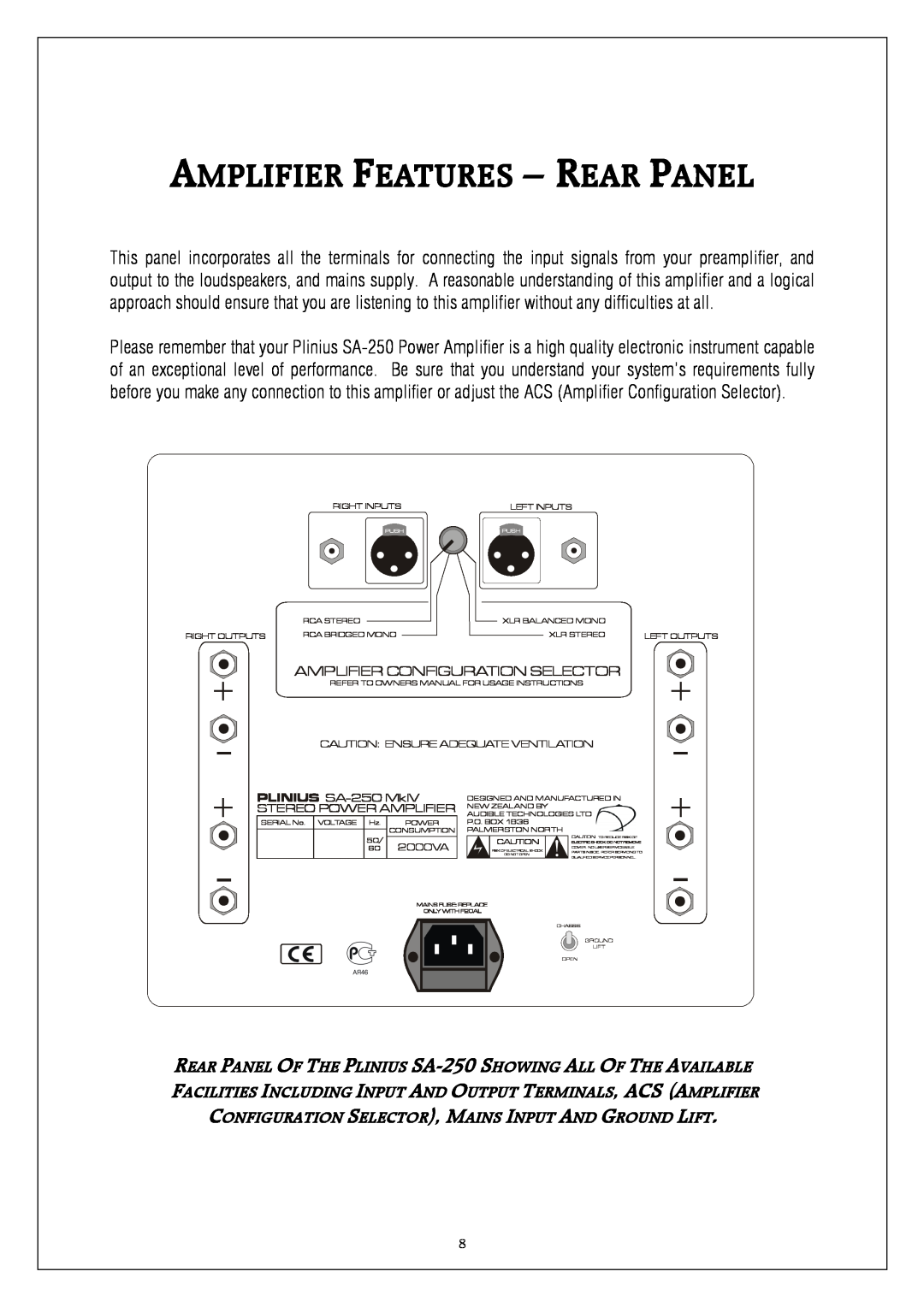 Plinius Audio manual Amplifier Configuration Selector, PLINIUS SA-250 MkIV STEREO POWER AMPLIFIER 