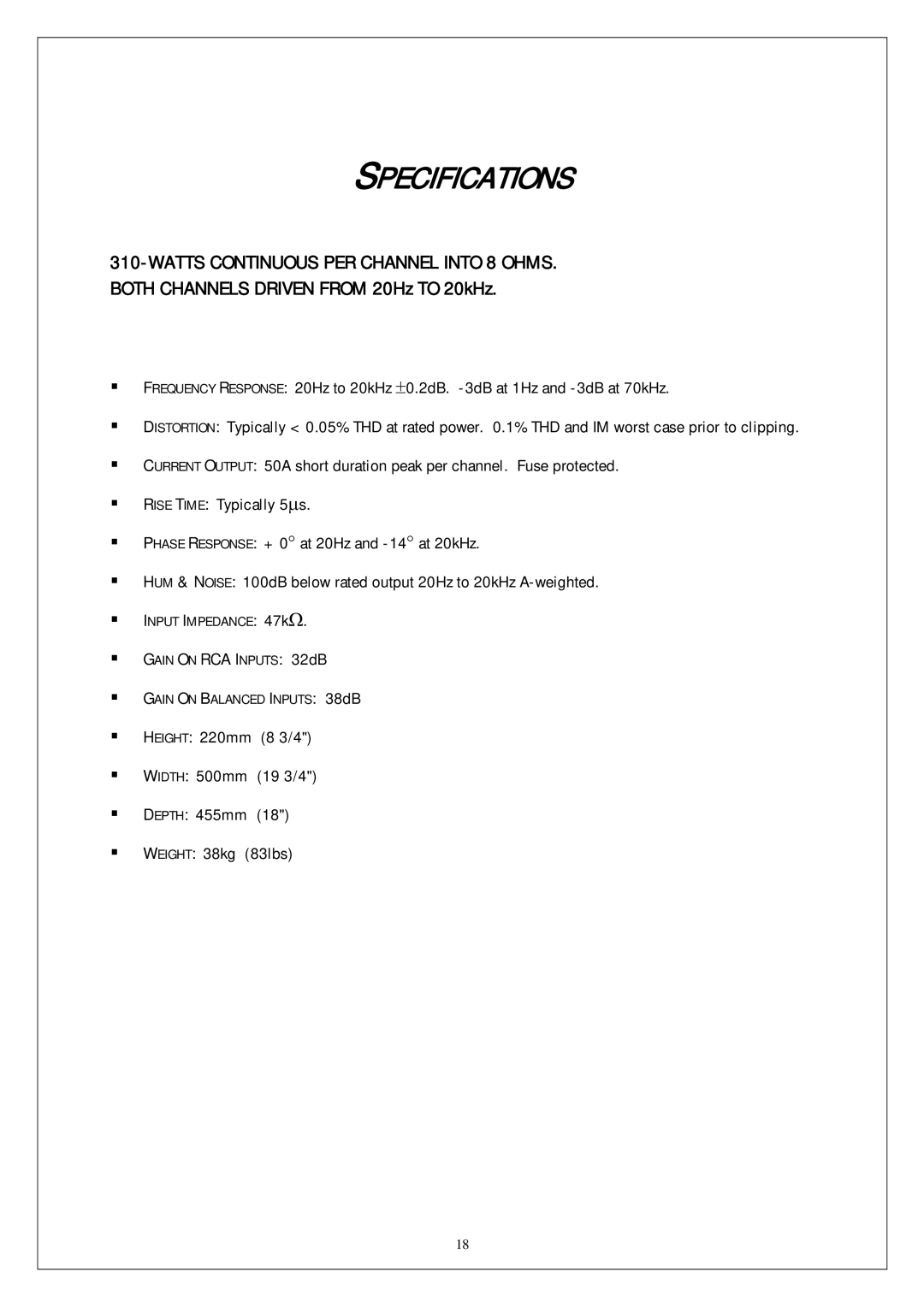 Plinius Audio SB-301 manual Specifications 