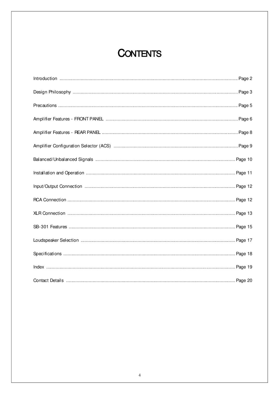 Plinius Audio SB-301 manual Contents 