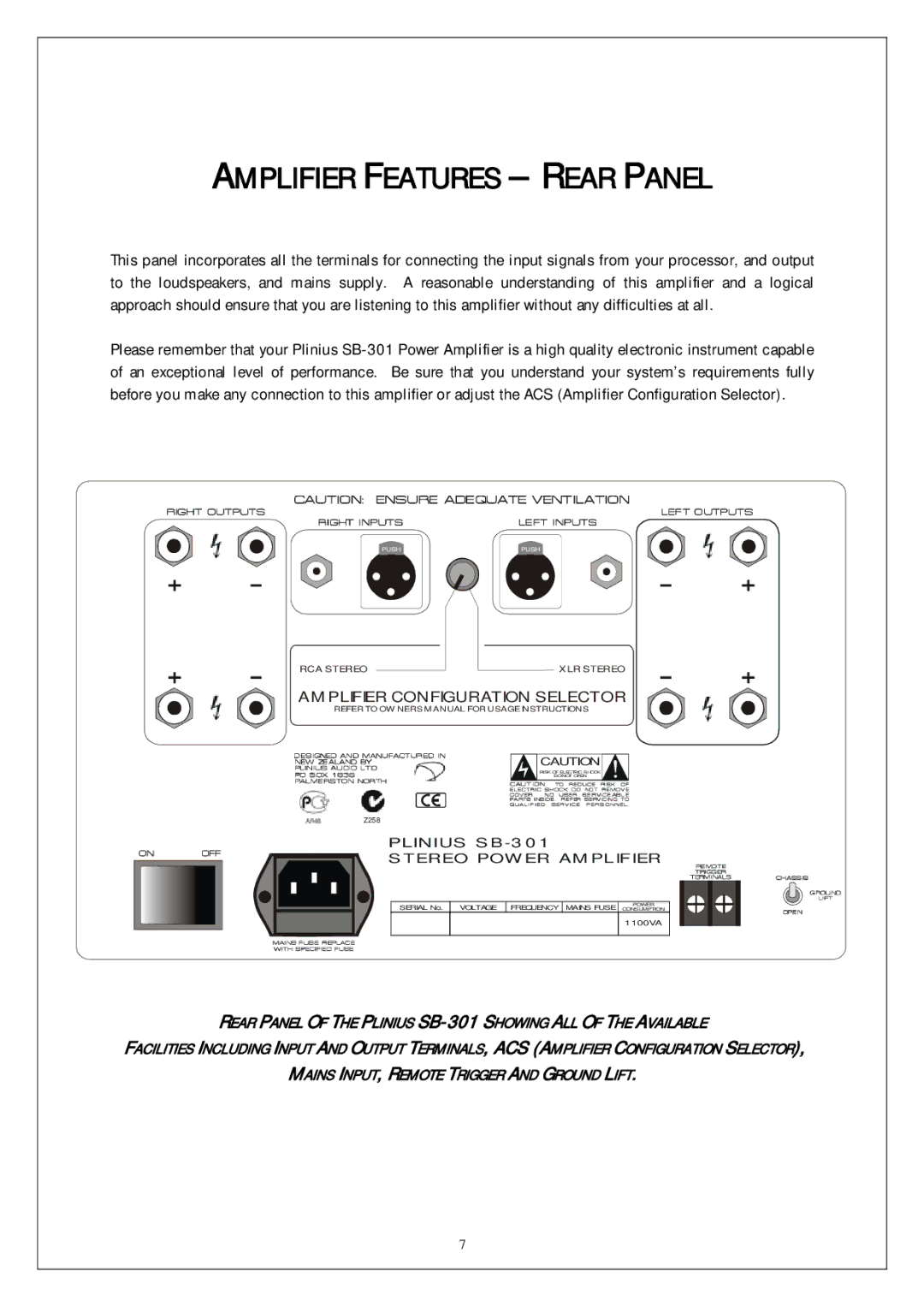 Plinius Audio SB-301 manual Amplifier Features Rear Panel, AM Plifier Configuration Selector 