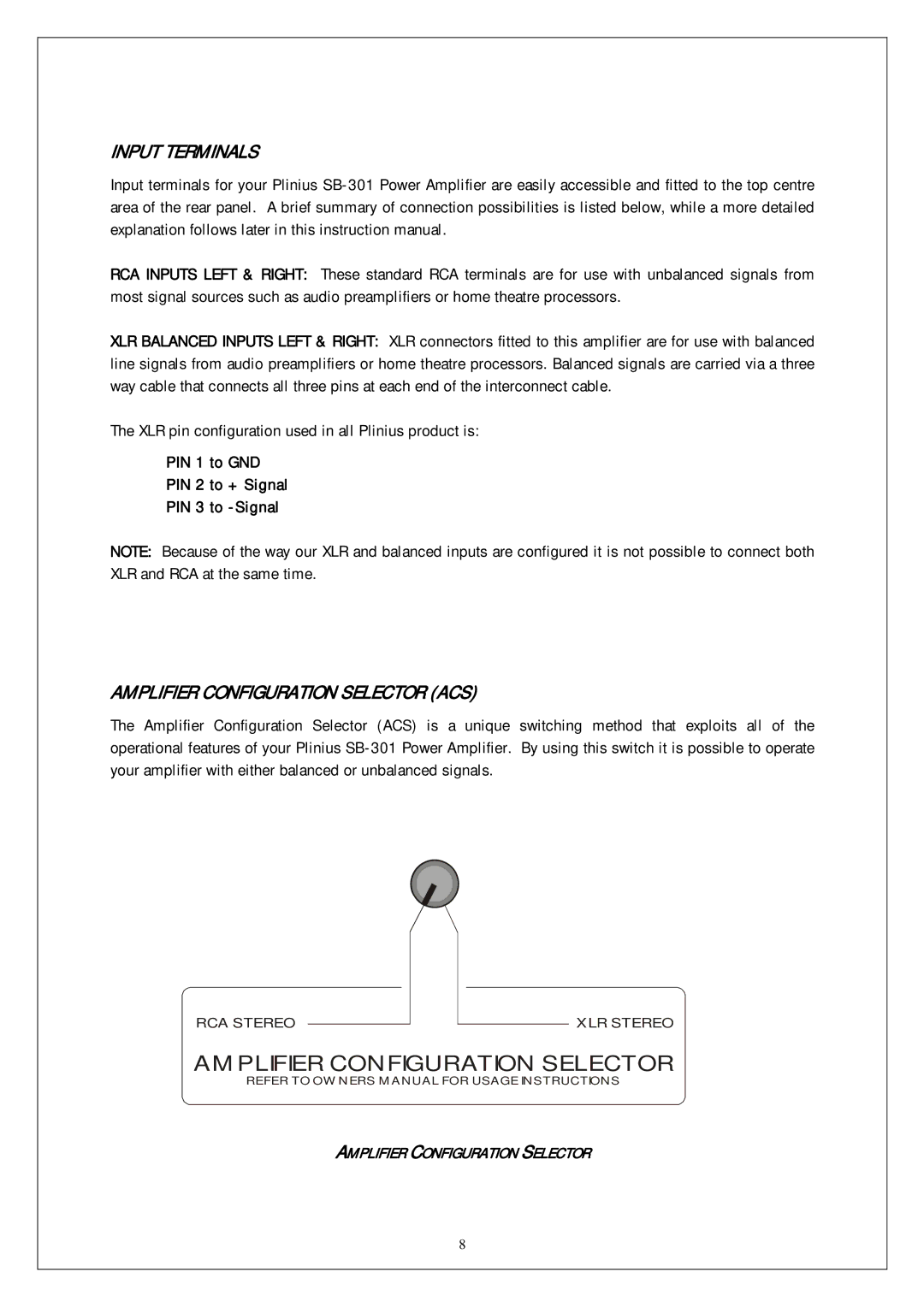 Plinius Audio SB-301 manual Input Terminals, Amplifier Configuration Selector ACS 