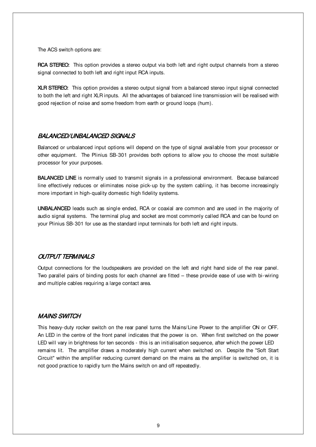 Plinius Audio SB-301 manual BALANCED/UNBALANCED Signals, Output Terminals, Mains Switch 