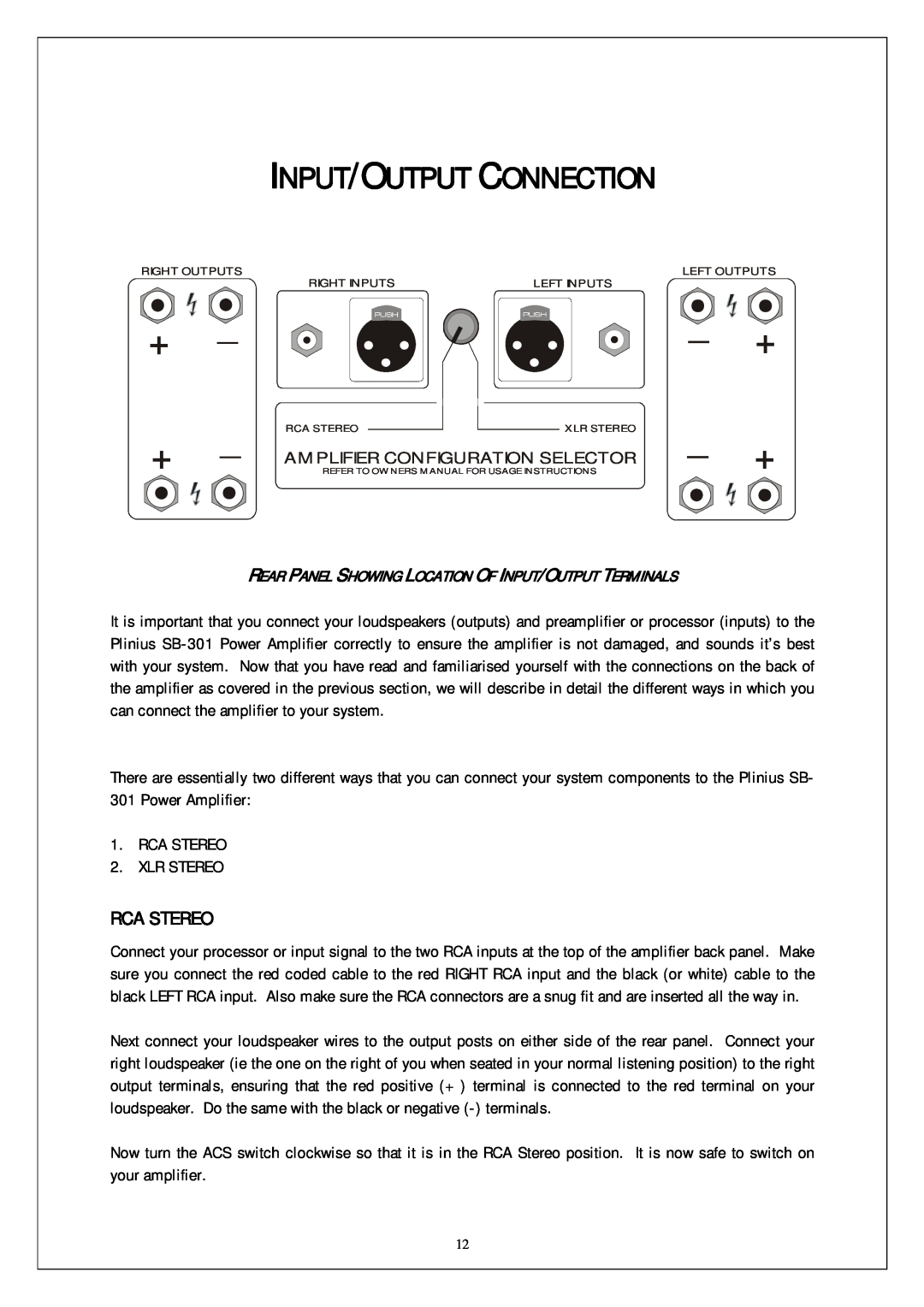 Plinius Audio SB-301 manual Input/Output Connection, Rca Stereo, Rear Panel Showing Location Of Input/Output Terminals 