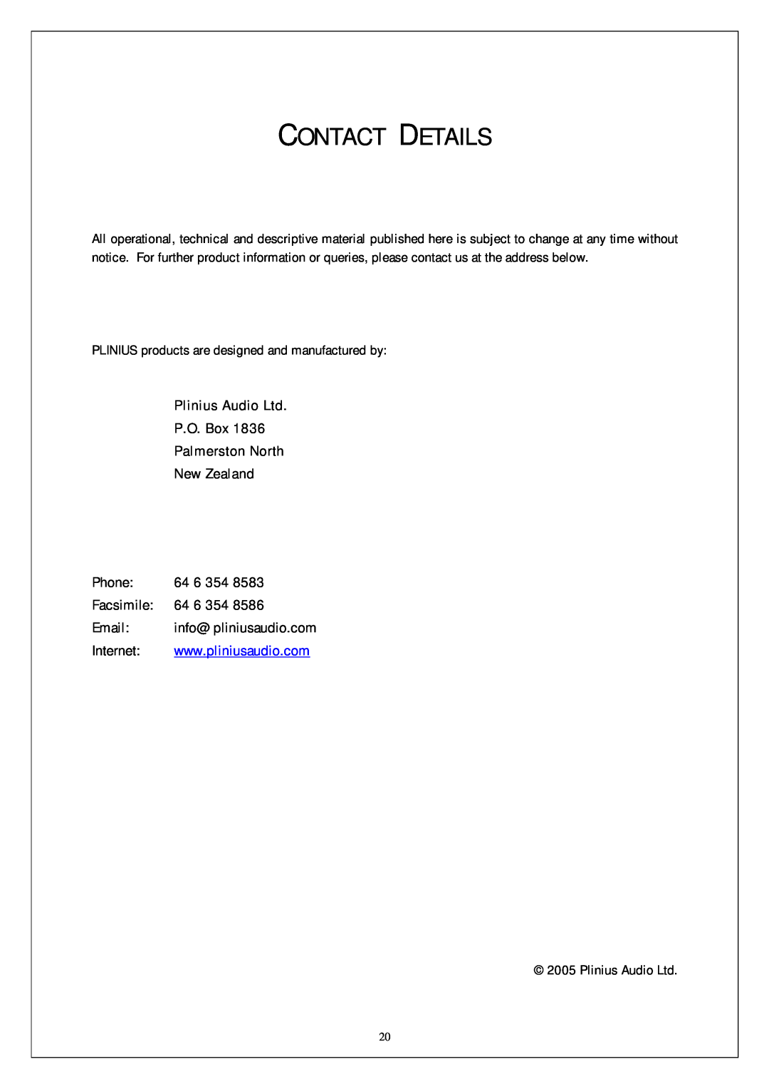 Plinius Audio SB-301 Contact Details, P.O. Box Palmerston North New Zealand, Phone, 64 6 354, Facsimile, Email, Internet 
