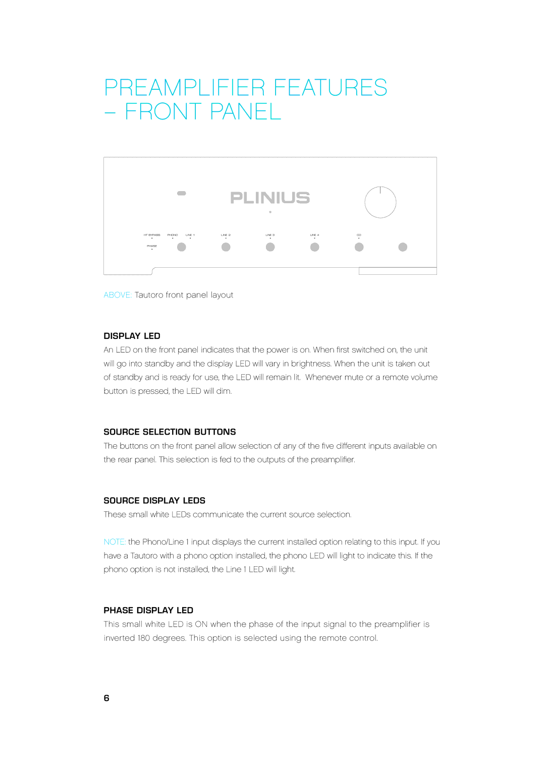 Plinius Audio Tautoro Preamplifier manual DF95AD@==9F95HIF9G ÃFCBHD5B9@, Display LED, Source Selection Buttons 