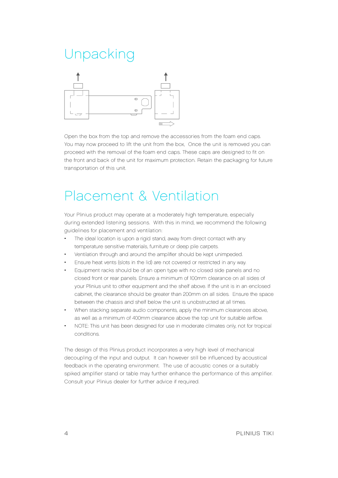 Plinius Audio TIKI Network Audio Player manual Un p a c k i n g, A c e m e n t & Ve n t i l a t i o n 