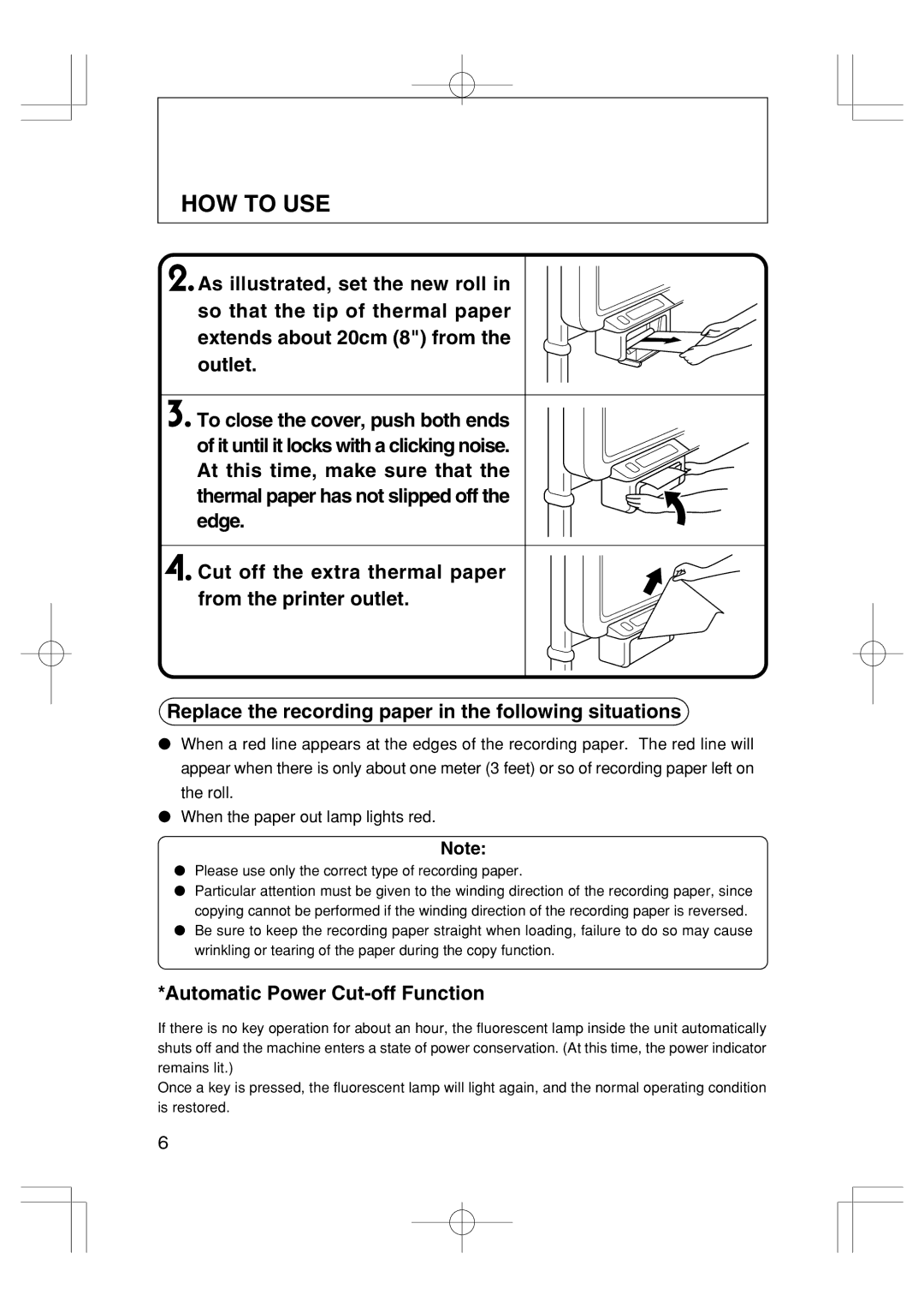 Plus BF-035 operation manual Automatic Power Cut-off Function, Please use only the correct type of recording paper 