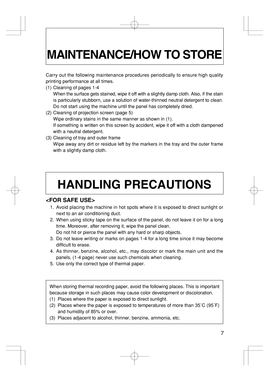 Plus BF-035 operation manual MAINTENANCE/HOW to Store, Handling Precautions, For Safe USE 