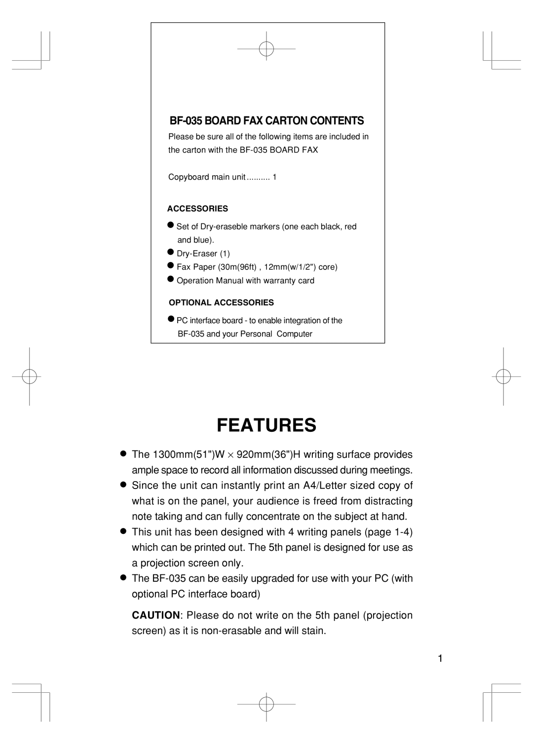 Plus operation manual Features, BF-035 Board FAX Carton Contents 