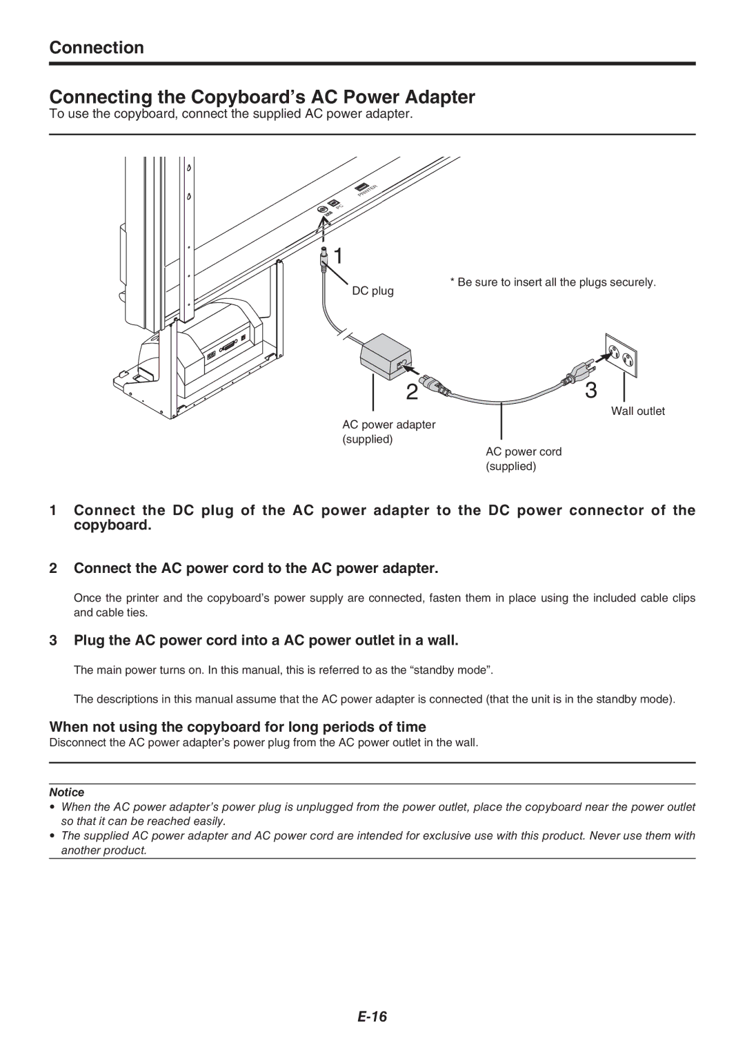 Plus M-11S, M-11W Connecting the Copyboard’s AC Power Adapter, Plug the AC power cord into a AC power outlet in a wall 