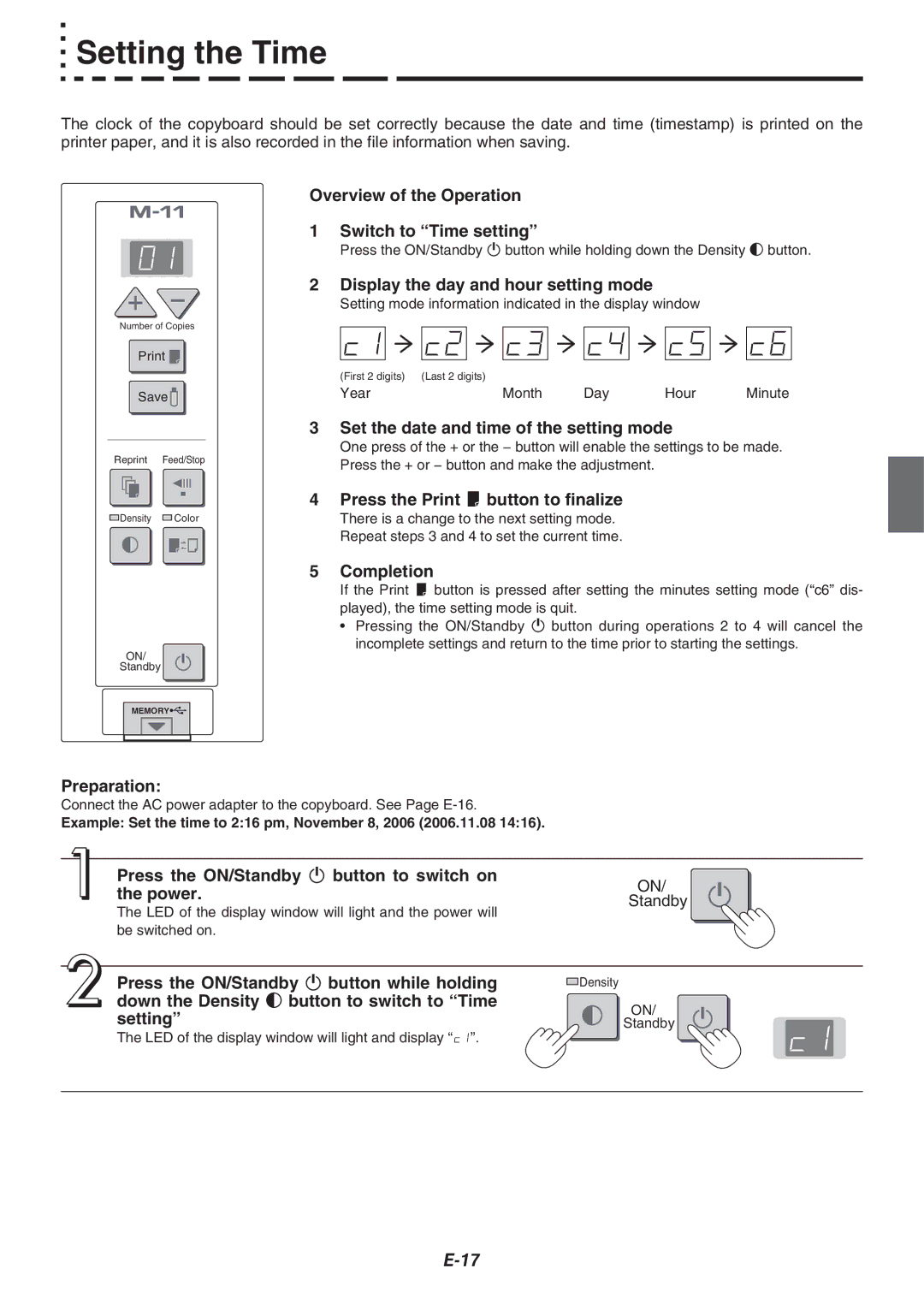 Plus M-115, M-11W, M-11S user manual Setting the Time 