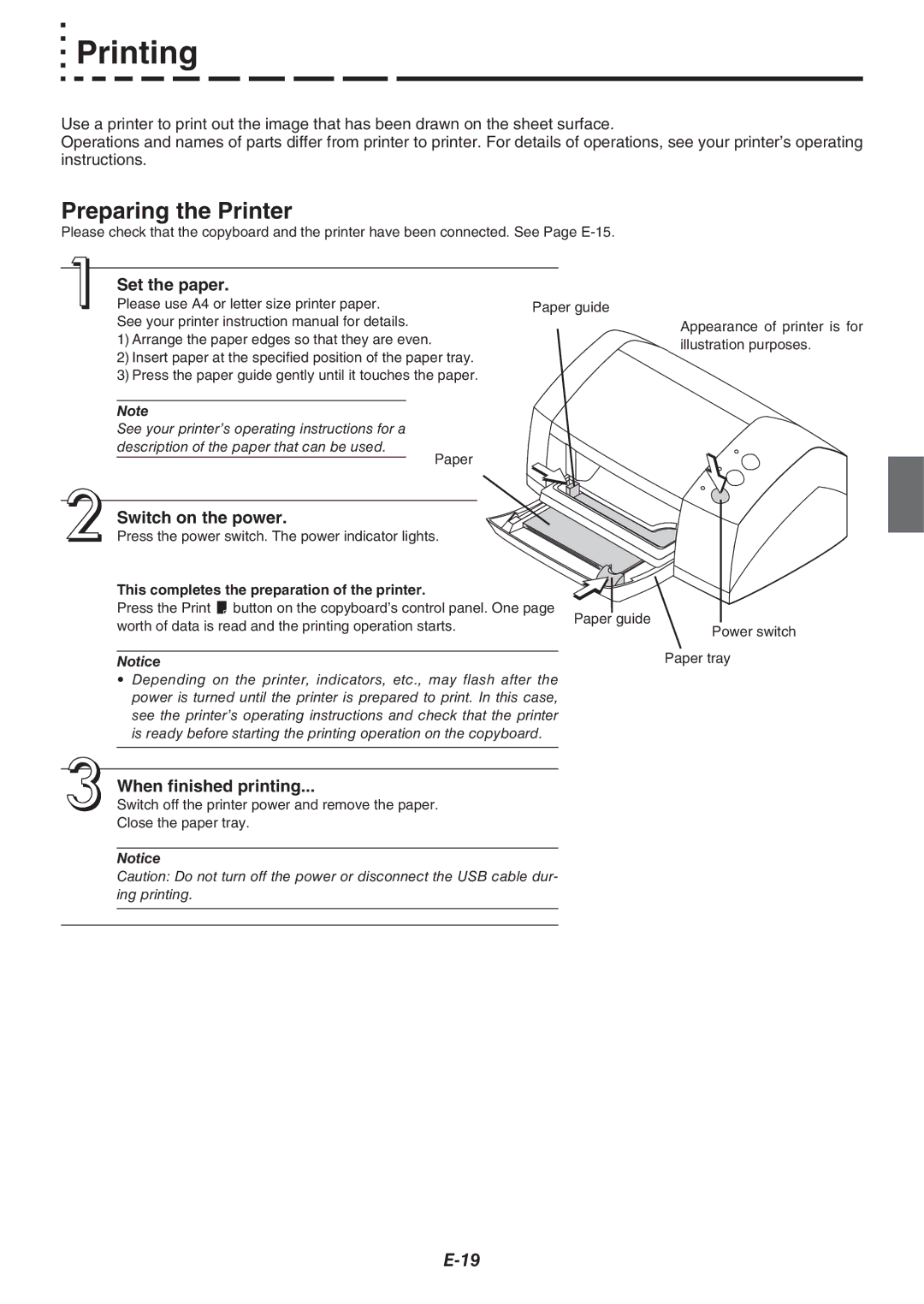 Plus M-11S, M-11W, M-115 Printing, Preparing the Printer, Set the paper, Switch on the power, When finished printing 