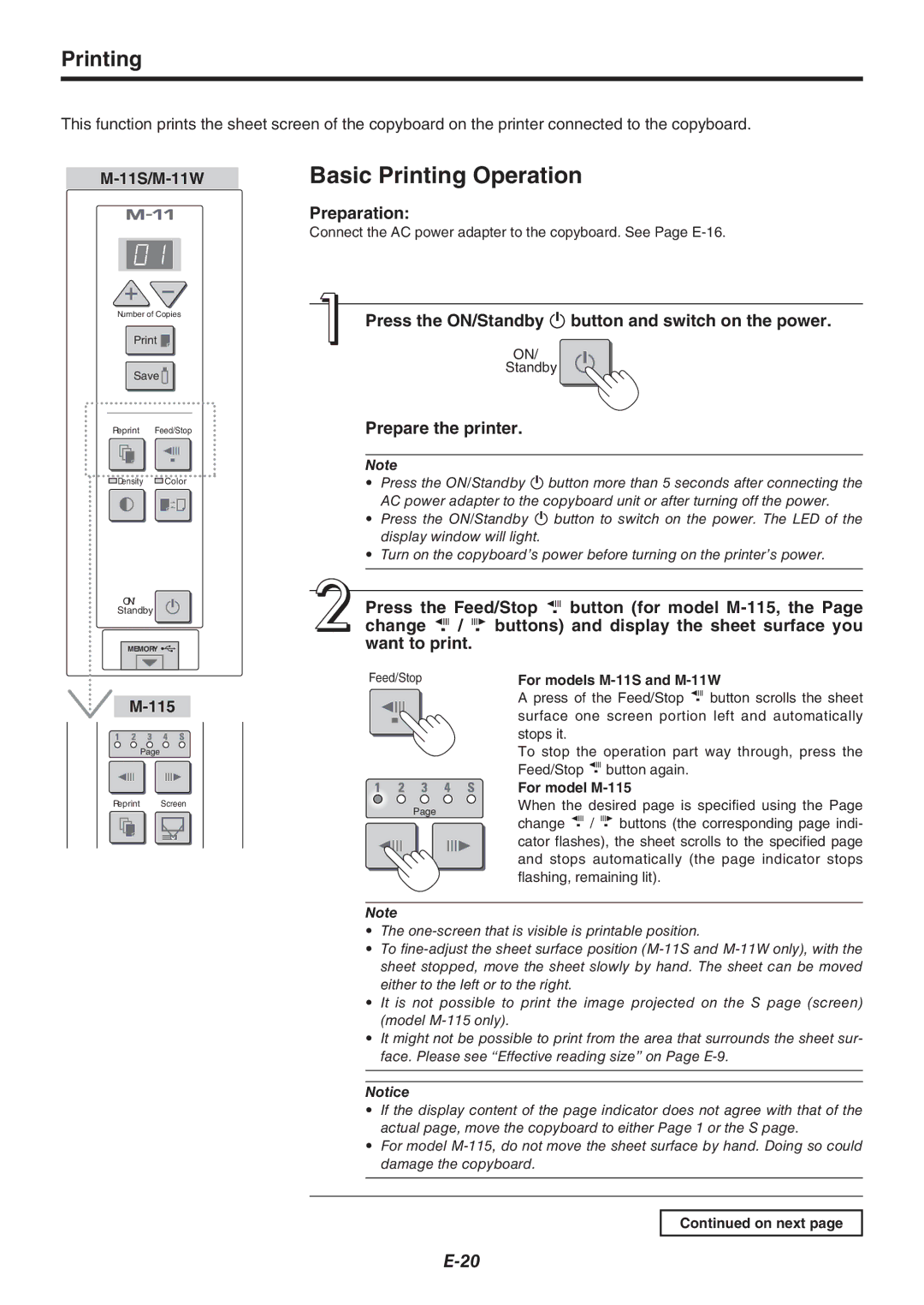 Plus M-115, M-11W, M-11S Basic Printing Operation, Press the ON/Standby button and switch on the power, Prepare the printer 