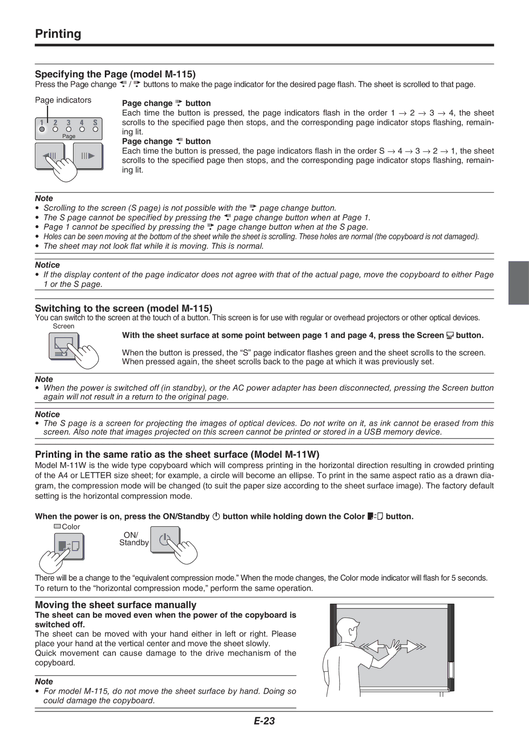 Plus M-11W Specifying the Page model M-115, Switching to the screen model M-115, Moving the sheet surface manually 