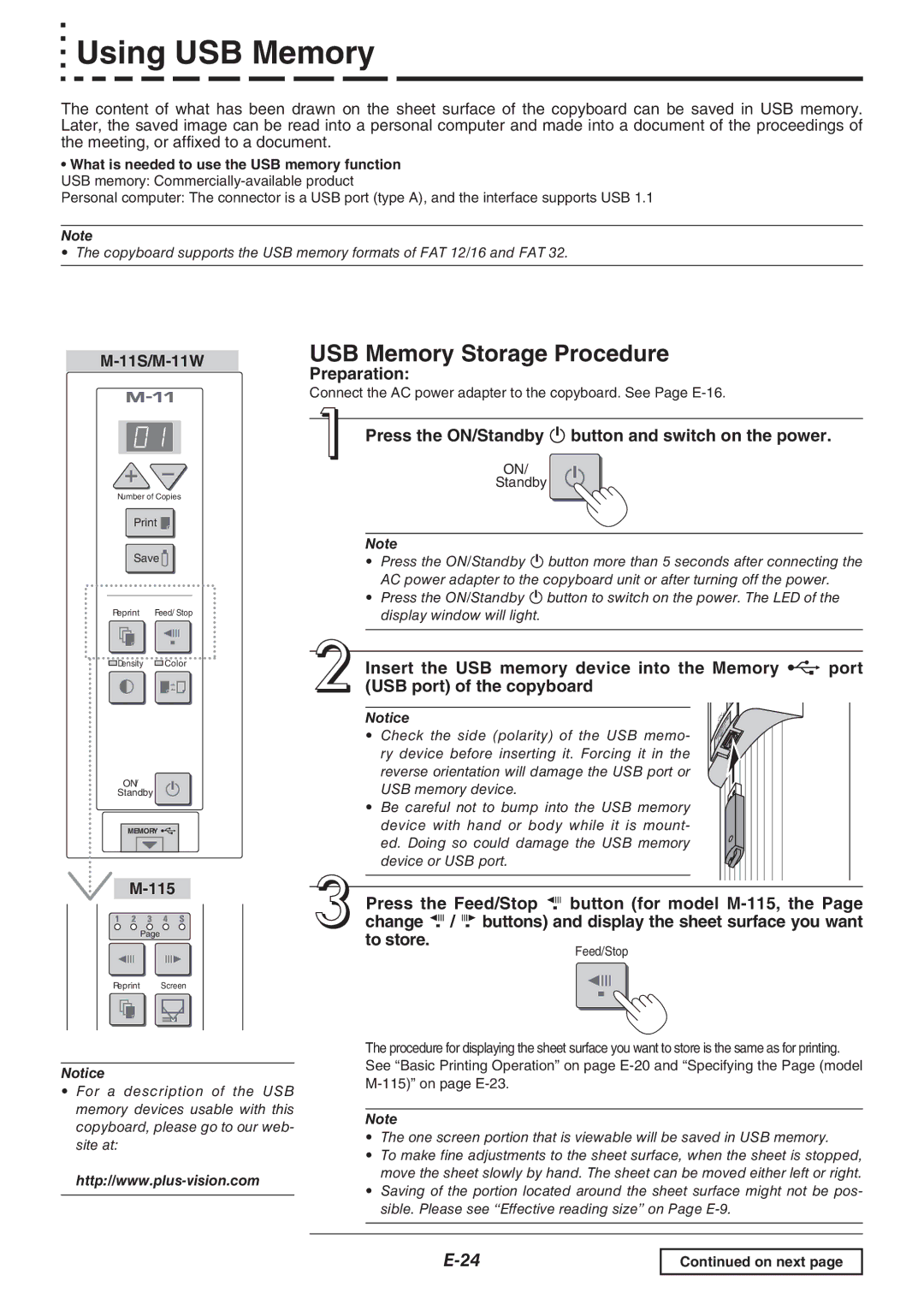 Plus M-11W, M-11S, M-115 user manual Using USB Memory, USB Memory Storage Procedure 