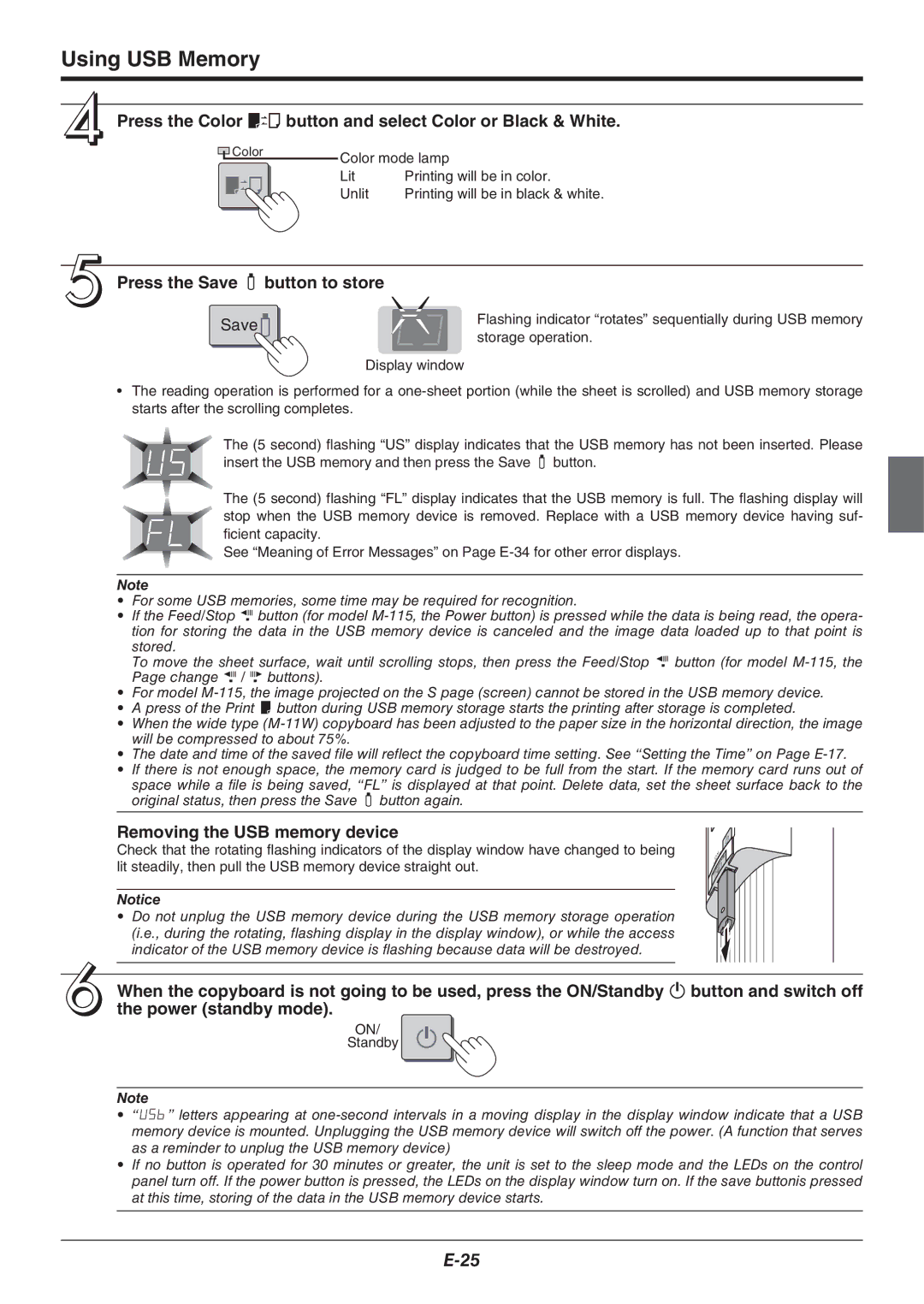 Plus M-11S, M-11W, M-115 user manual Press the Save button to store, Removing the USB memory device 