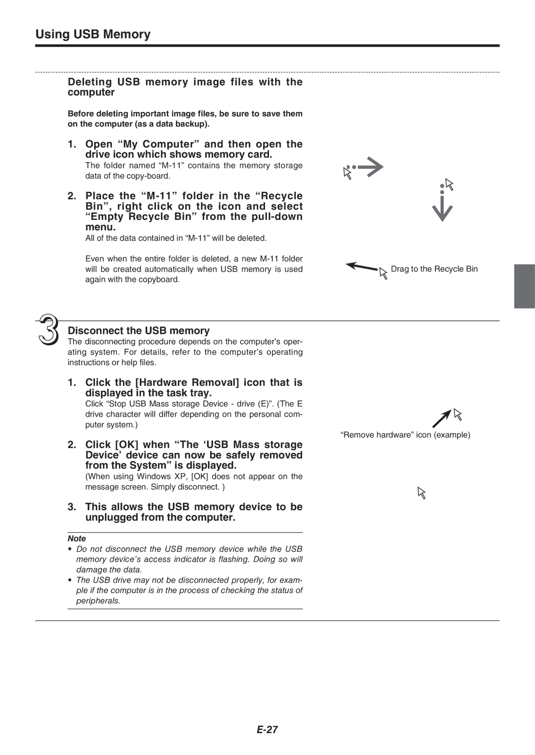 Plus M-11W, M-11S, M-115 user manual Deleting USB memory image files with the computer, Disconnect the USB memory 