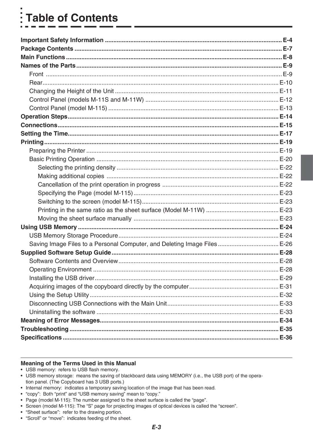 Plus M-11W, M-11S, M-115 user manual Table of Contents 