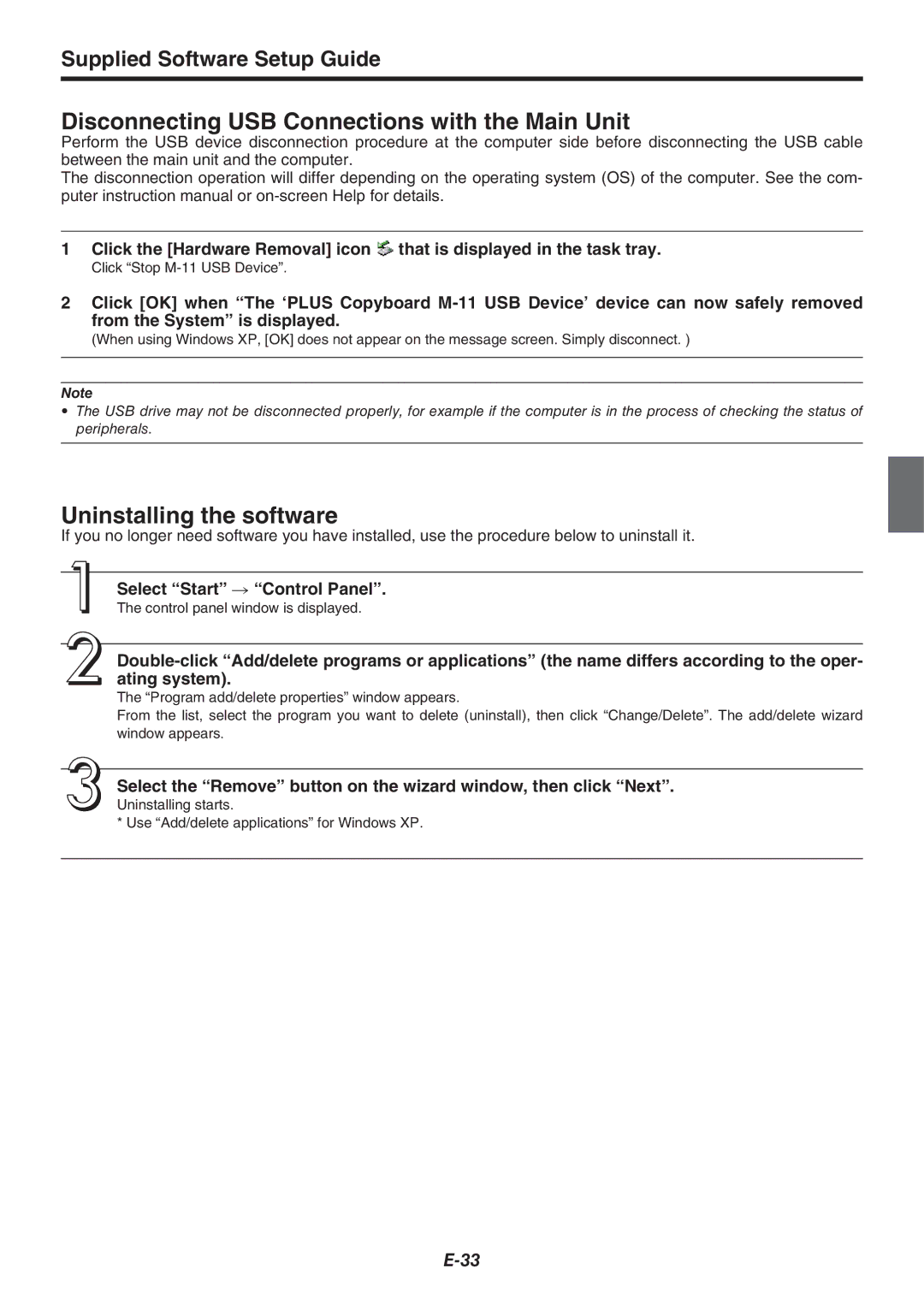 Plus M-11W Disconnecting USB Connections with the Main Unit, Uninstalling the software, Select Start → Control Panel 